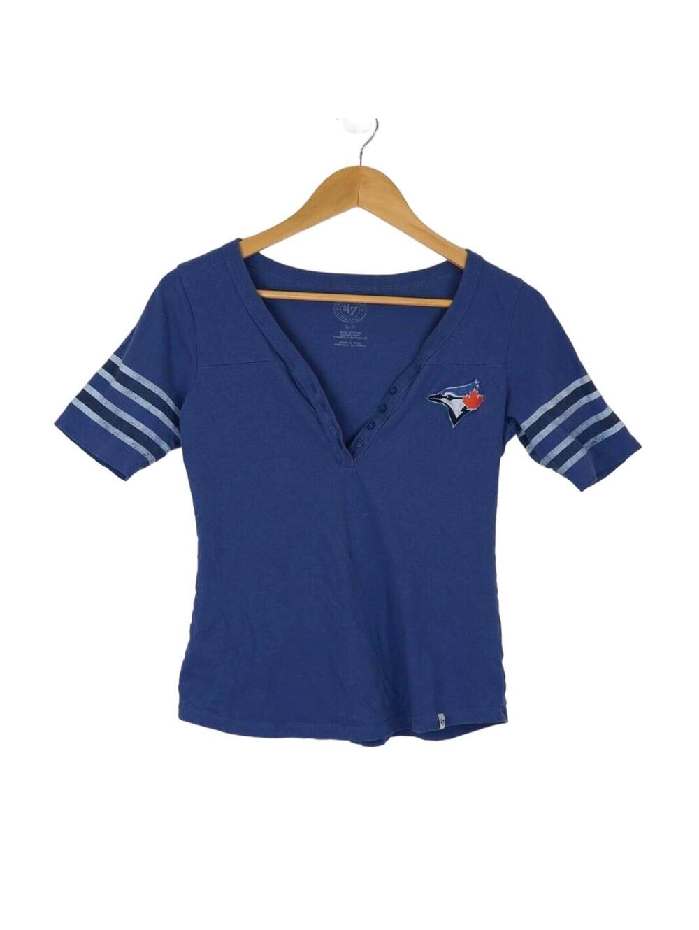 '47 Brand Toronto Blue Jays Henley V-Neck Varsity Stripe Tee Women's S